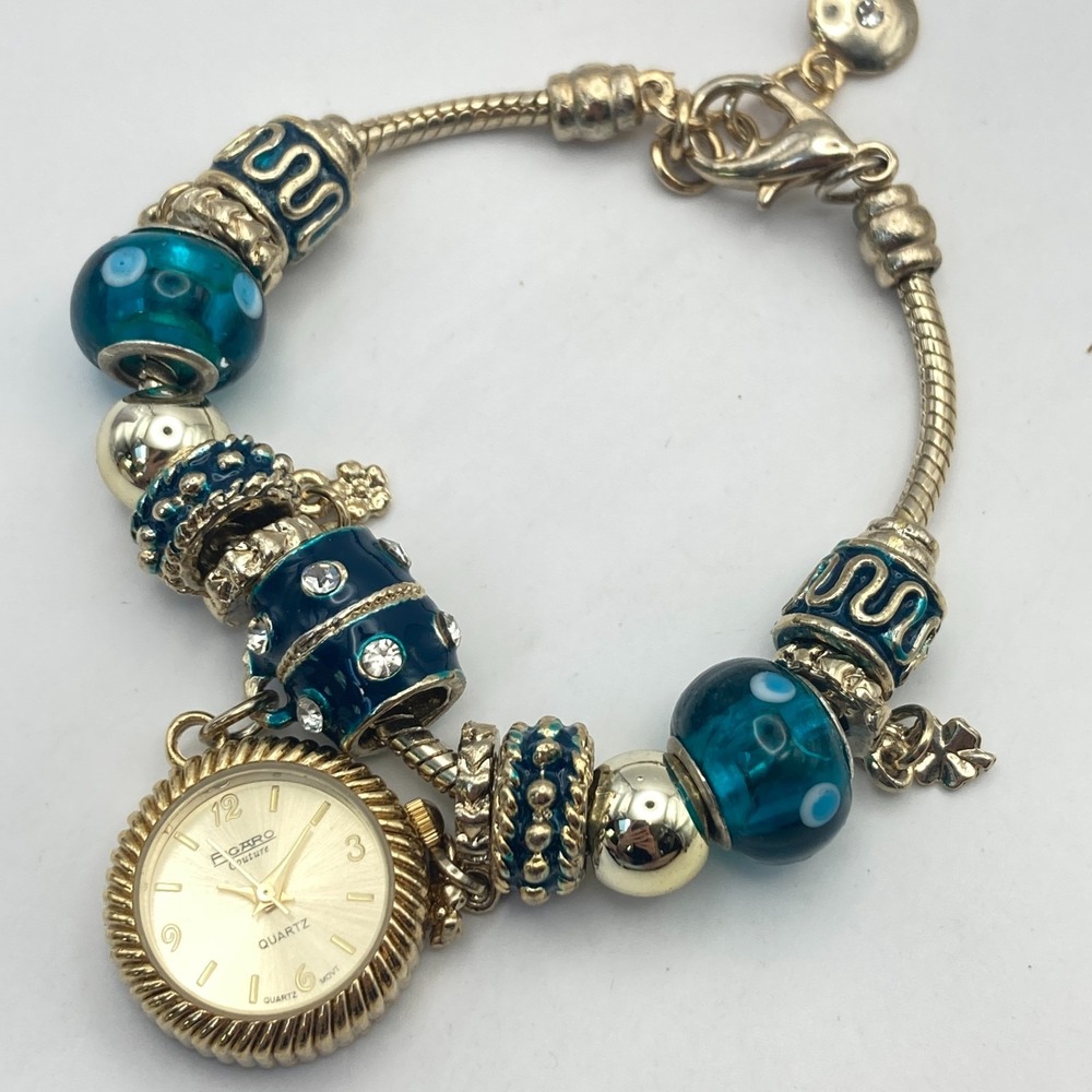 Figaro Couture Womens Charm Bracelet Watch Gold Tone Blue Glass Bead New Battery